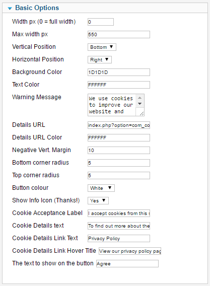 Coookie plugin Pro options